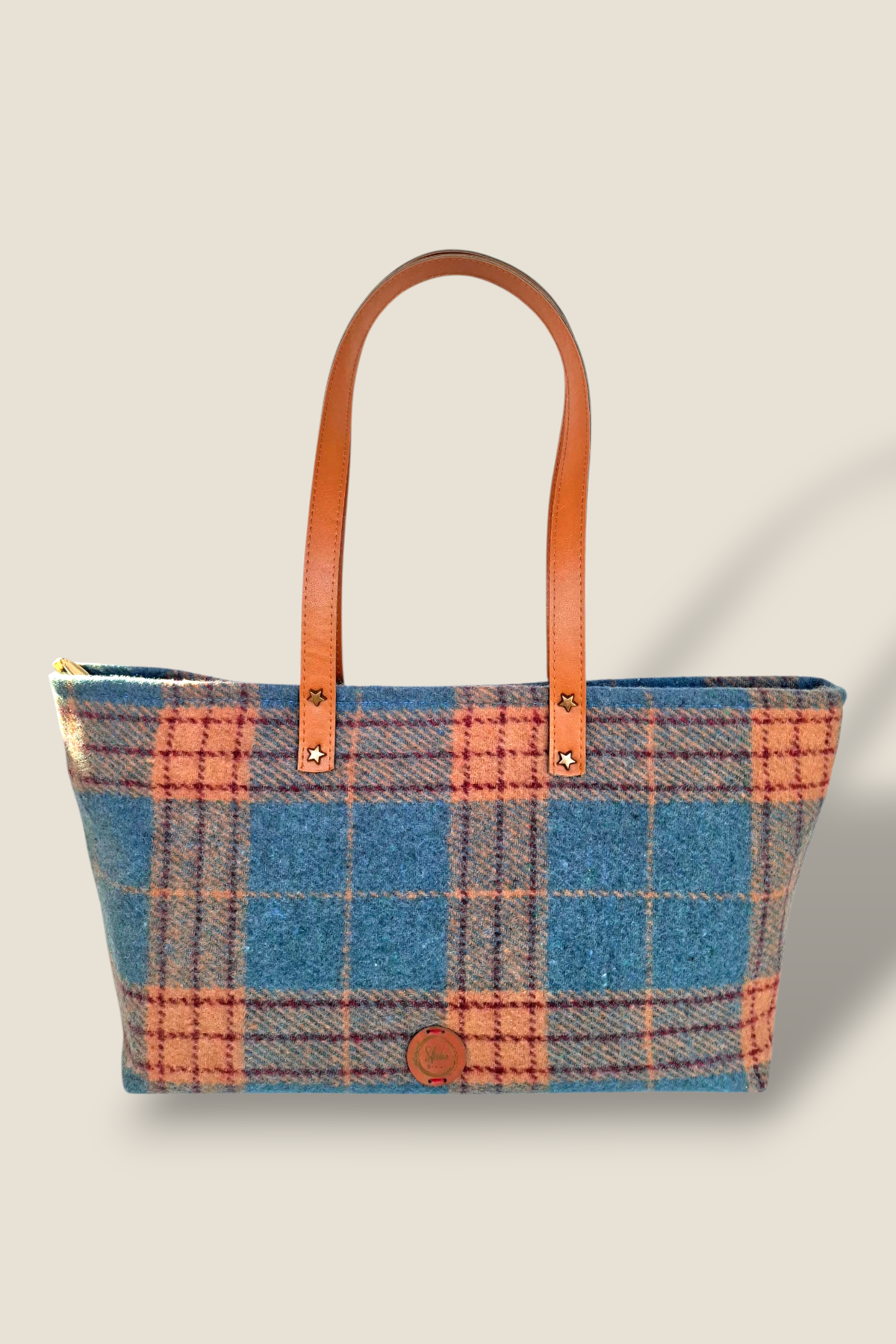 İndigo Mavi Taba Ekose Yünlü Kumaş El ve Omuz Çantası