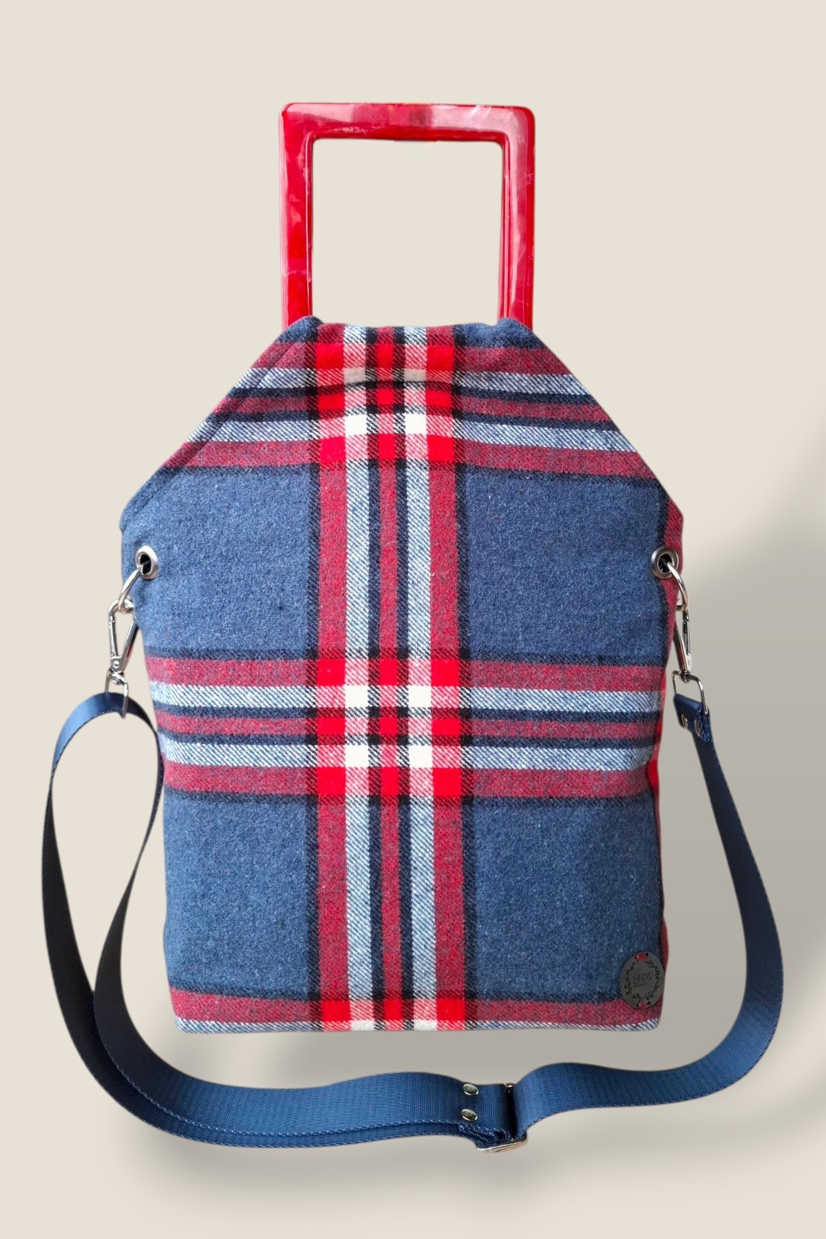 3 Kullanımlı Kaşe Kumaş Mavi Kırmızı Ekose Loft Çanta