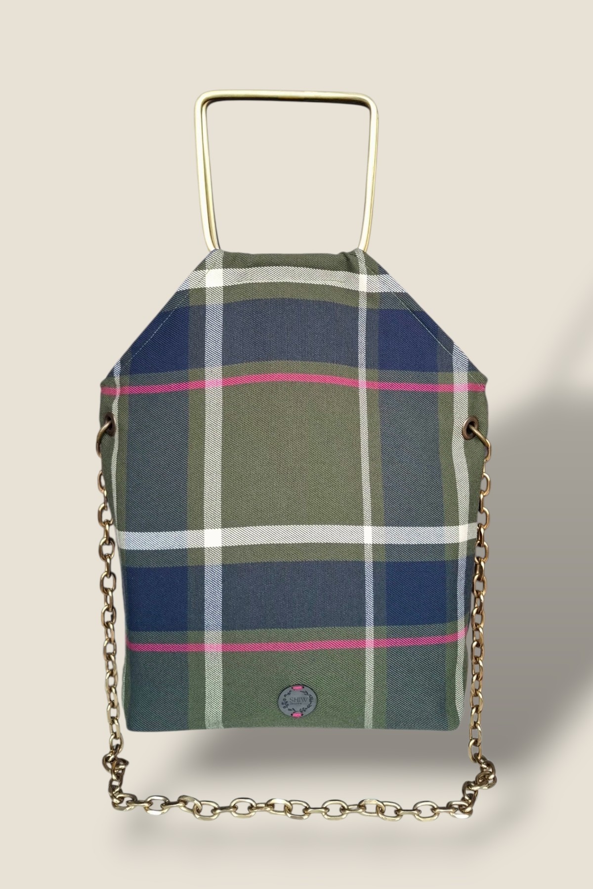 3 Kullanımlı 4 Mevsim Yeşil Lacivert Pembe Ekose Kumaş Loft Çanta