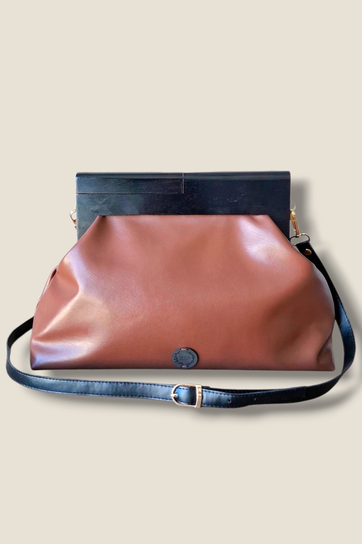 Taba Rengi Deri, Siyah Ahşap Mıknatıslı Portföy, Clutch, Omuz Çantası