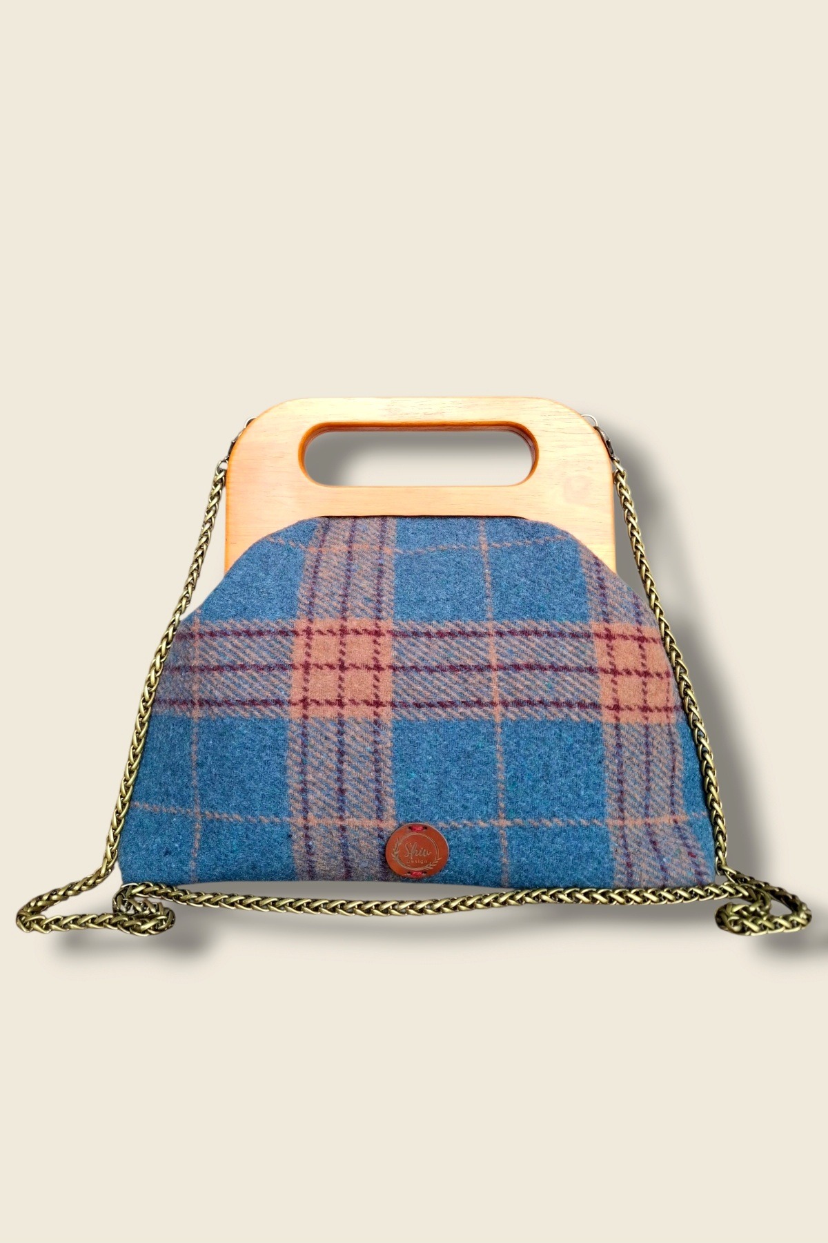 İndigo Mavi Taba Ekose Yün Kumaş Ahşap Mıknatıslı El ve Omuz Çantası