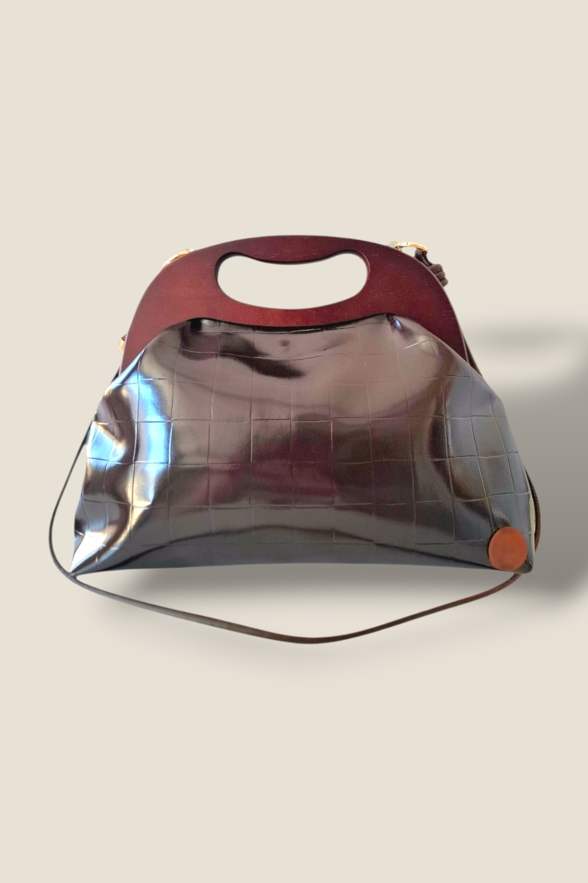 Kahverengi Kare Desenli Deri Ahşap Mıknatıslı El Çantası Portföy & Clutch